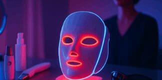 The Critical Truth About Beauty Tech: Are LED Face Masks Safe for Eyes? Futuristic LED face mask glowing red and blue on vanity table with skincare tools, illustrating the question are led face masks safe for eyes.