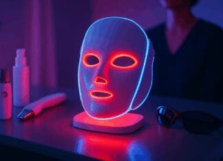 The Critical Truth About Beauty Tech: Are LED Face Masks Safe for Eyes? Futuristic LED face mask glowing red and blue on vanity table with skincare tools, illustrating the question are led face masks safe for eyes.