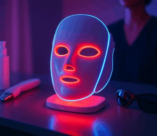 Futuristic LED face mask glowing red and blue on vanity table with skincare tools, illustrating the question are led face masks safe for eyes.