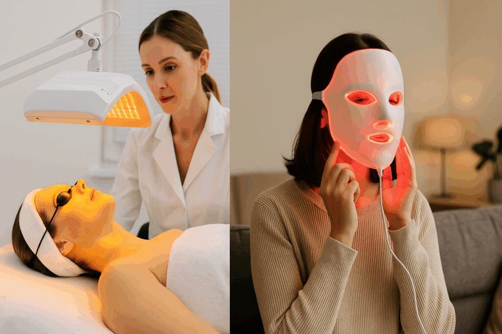 Side-by-side view of clinical and at-home LED light therapy showing use cases relevant to the question are led face masks safe for eyes