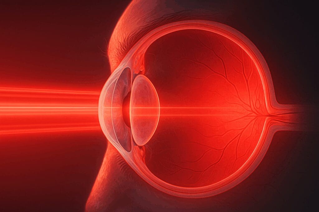 Red LED light beams illuminating anatomical layers of a human eye, illustrating exposure risks related to the question are led face masks safe for eyes