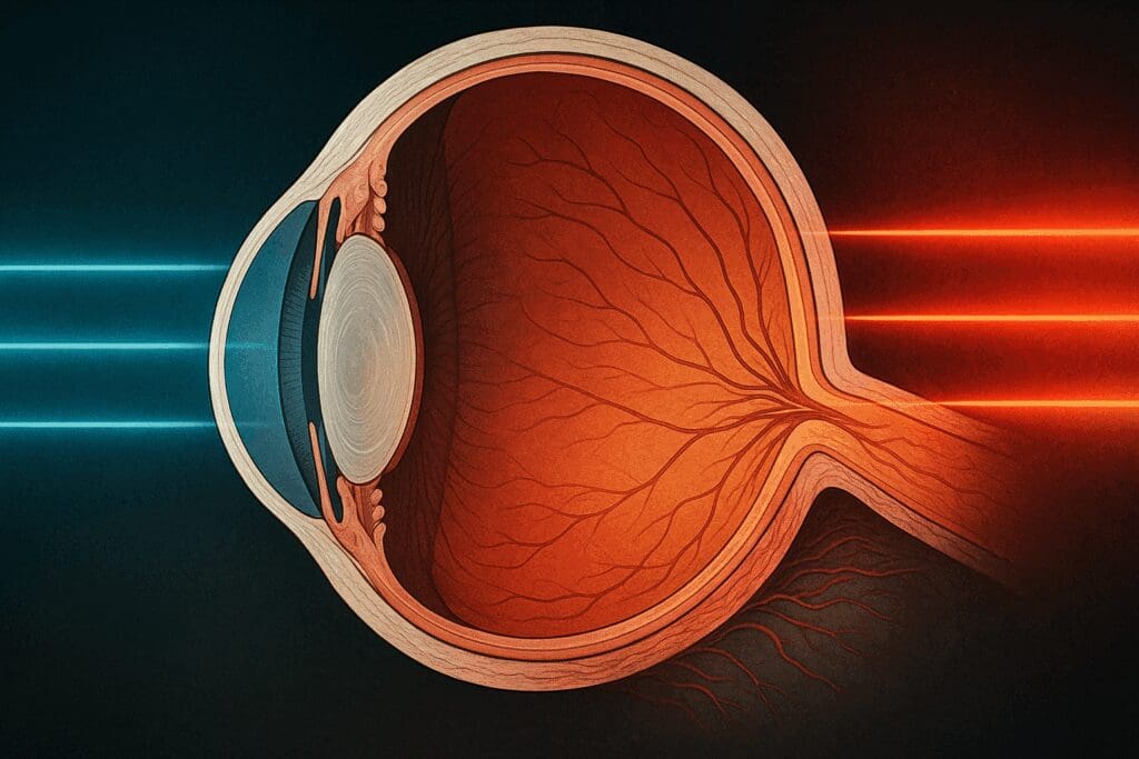 Cutaway illustration of human eye anatomy showing how red and blue LED light penetrates eye tissues, exploring are led face masks safe for eyes