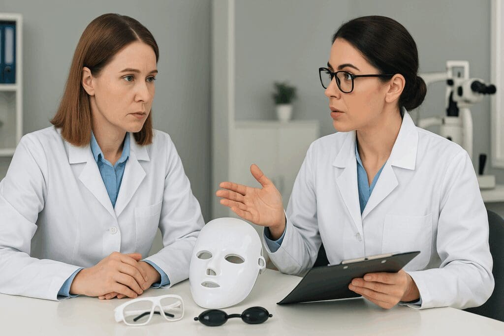 Dermatologist and ophthalmologist reviewing an LED face mask and protective eyewear in a clinic, discussing are led face masks safe for eyes