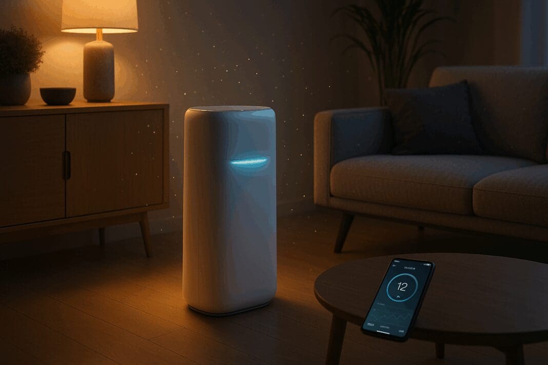 Sleek air purifier with auto mode softly glowing in a modern smart living room with warm lighting and a smartphone displaying air quality data.