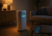 Sleek air purifier with auto mode softly glowing in a modern smart living room with warm lighting and a smartphone displaying air quality data.