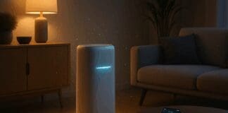 The Ultimate Smart Home Upgrade: Why an Air Purifier with Auto Mode Is a Vital Tech Essential Sleek air purifier with auto mode softly glowing in a modern smart living room with warm lighting and a smartphone displaying air quality data.