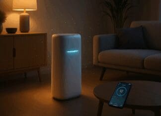 The Ultimate Smart Home Upgrade: Why an Air Purifier with Auto Mode Is a Vital Tech Essential Sleek air purifier with auto mode softly glowing in a modern smart living room with warm lighting and a smartphone displaying air quality data.
