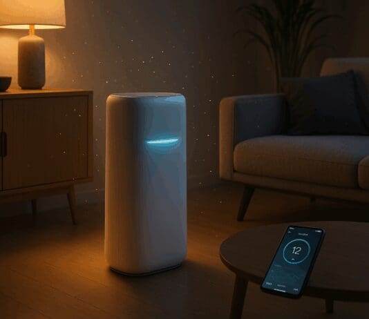 The Ultimate Smart Home Upgrade: Why an Air Purifier with Auto Mode Is a Vital Tech Essential Sleek air purifier with auto mode softly glowing in a modern smart living room with warm lighting and a smartphone displaying air quality data.