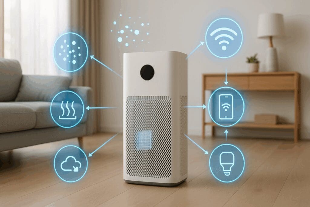 Smart HEPA air purifier with auto mode detecting particles and gases in a modern living room with smart home integration