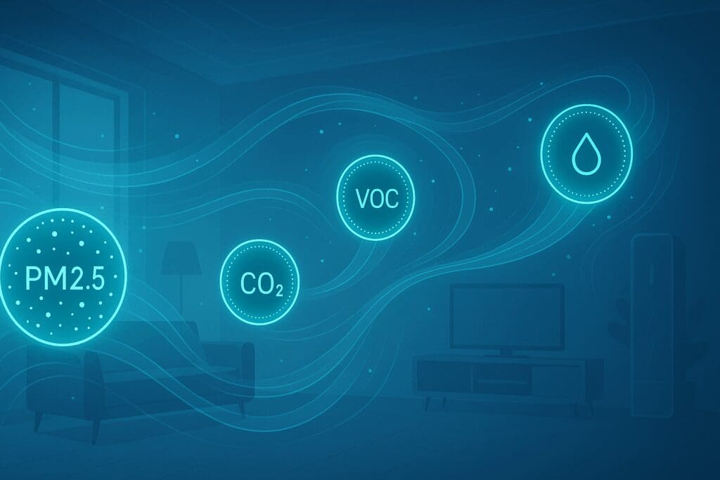 Smart home interior with air purifier with auto mode detecting PM2.5, CO₂, VOCs, and humidity using glowing digital sensors and airflow visualization.