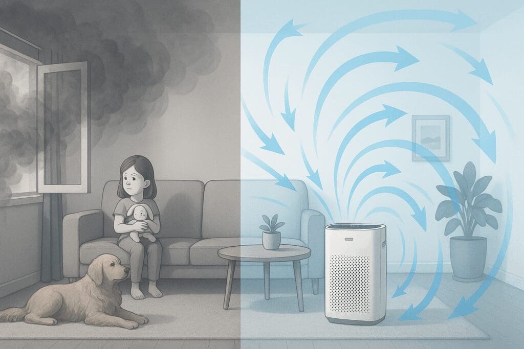 Living room split scene showing smoke entering from an open window while an air purifier with auto mode activates to clean the air near a child and dog.