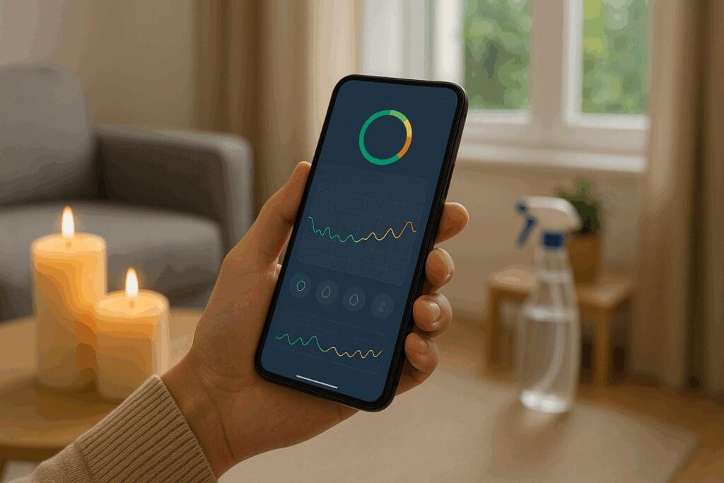 Person holding a smartphone showing air quality trends, with candles, cleaning spray, and an open window in the background—illustrating how an air purifier with auto mode helps monitor pollutants.