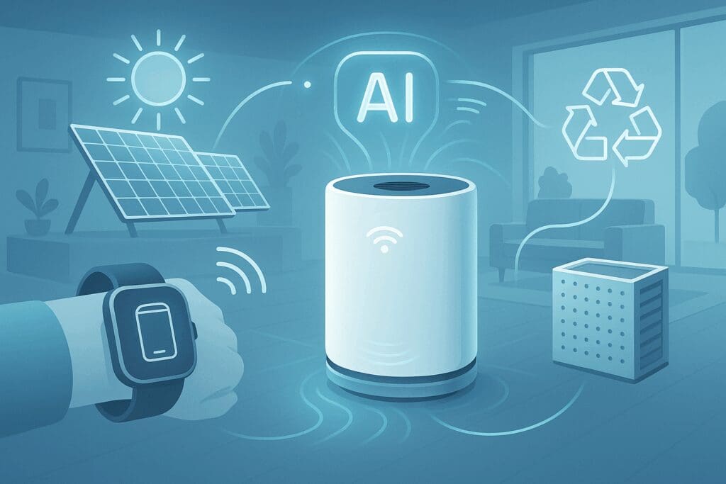 AI-powered air purifier with auto mode syncing with smartwatch, solar panels, and recyclable filter in a futuristic smart home