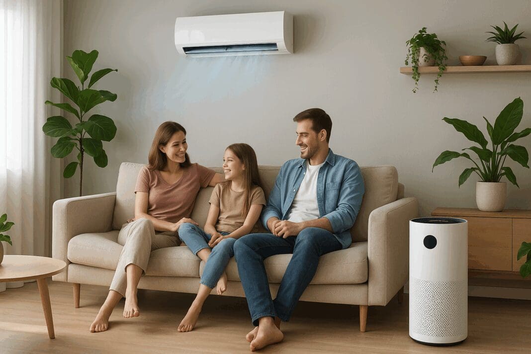Family relaxing in a modern living room with an integrated air conditioner and purifier system, surrounded by natural light and indoor plants.