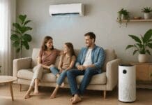Family relaxing in a modern living room with an integrated air conditioner and purifier system, surrounded by natural light and indoor plants.