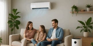 The Ultimate Smart Home Upgrade: How an Air Conditioner and Purifier Can Transform Your Indoor Wellness Family relaxing in a modern living room with an integrated air conditioner and purifier system, surrounded by natural light and indoor plants.