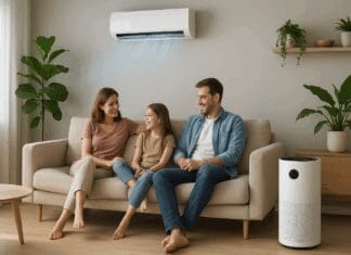 The Ultimate Smart Home Upgrade: How an Air Conditioner and Purifier Can Transform Your Indoor Wellness Family relaxing in a modern living room with an integrated air conditioner and purifier system, surrounded by natural light and indoor plants.