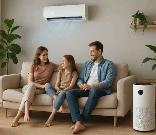 The Ultimate Smart Home Upgrade: How an Air Conditioner and Purifier Can Transform Your Indoor Wellness Family relaxing in a modern living room with an integrated air conditioner and purifier system, surrounded by natural light and indoor plants.