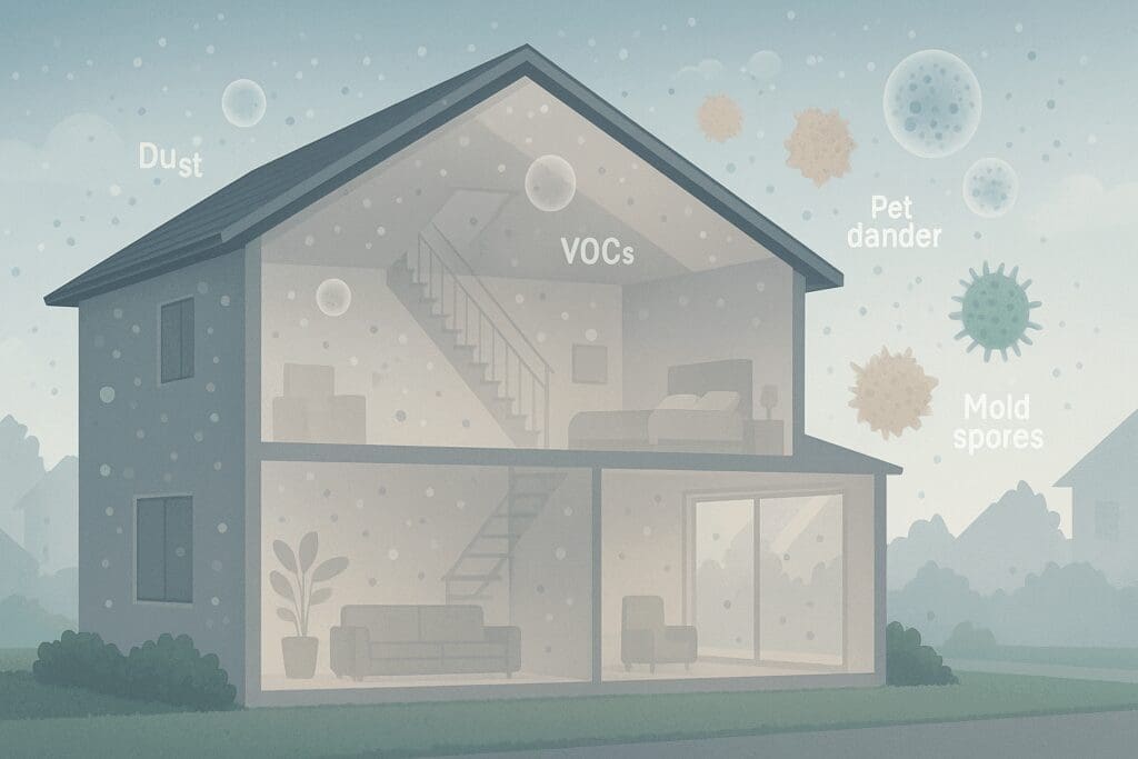 Cutaway view of a modern home showing indoor air pollutants like dust, pet dander, VOCs, and mold spores, emphasizing the need for an air conditioner and purifier.
