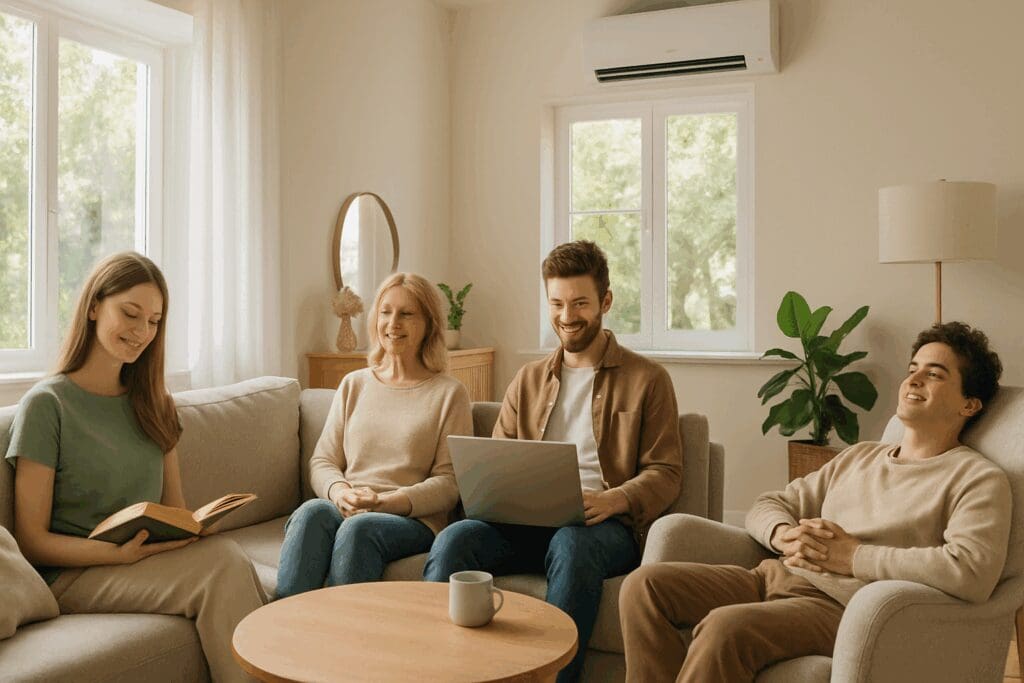 Family relaxing in a sunlit living room with an air conditioner and purifier creating a clean, calming indoor environment