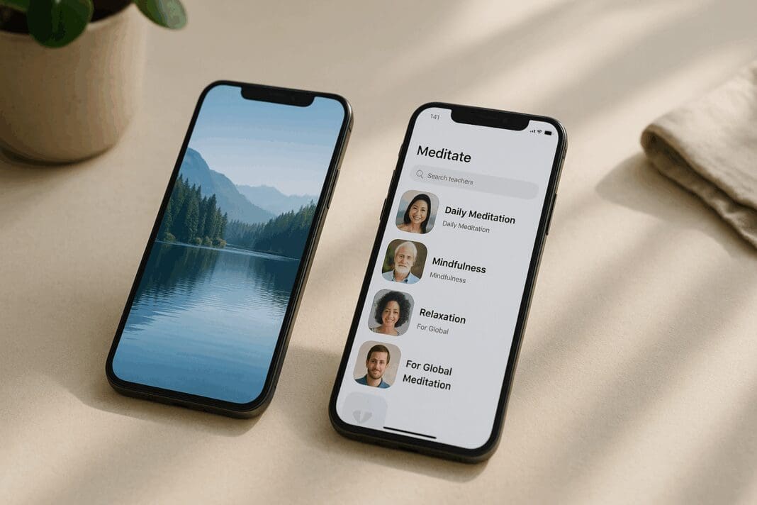 Two smartphones on a minimalist table comparing Insight Timer vs Calm app interfaces, with meditation options and tranquil nature imagery.