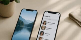 The Ultimate Mental Health App Showdown: Insight Timer vs Calm for Focused Wellness Tech Two smartphones on a minimalist table comparing Insight Timer vs Calm app interfaces, with meditation options and tranquil nature imagery.