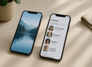 The Ultimate Mental Health App Showdown: Insight Timer vs Calm for Focused Wellness Tech Two smartphones on a minimalist table comparing Insight Timer vs Calm app interfaces, with meditation options and tranquil nature imagery.