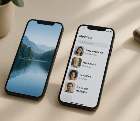 The Ultimate Mental Health App Showdown: Insight Timer vs Calm for Focused Wellness Tech Two smartphones on a minimalist table comparing Insight Timer vs Calm app interfaces, with meditation options and tranquil nature imagery.
