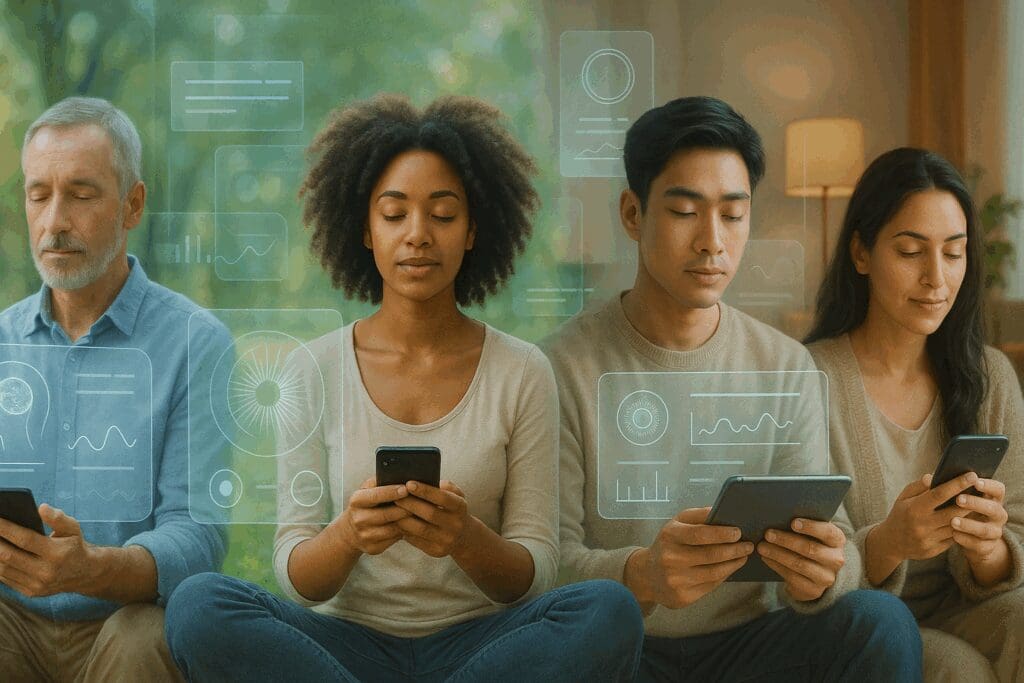 Diverse group of people using mindfulness apps outdoors and indoors, visualizing tech integration in wellness—ideal for insight timer vs calm comparison.