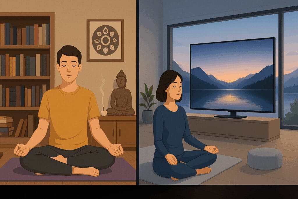 Split-screen comparison of Insight Timer vs Calm showing a man meditating indoors with books and spiritual decor, and a woman in a sleek room using a screen for cinematic meditation.