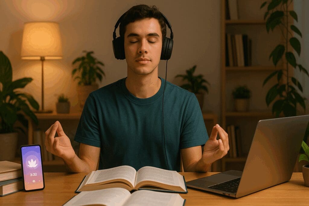 Student meditating with headphones during study break using a meditation timer app, illustrating insight timer vs calm for focused learning.