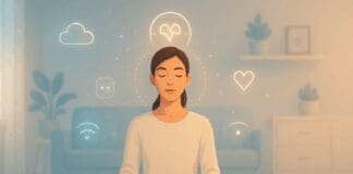 Person meditating calmly in a tech-inspired living room with floating wellness icons, visualizing benefits of a 3 minute mindfulness app