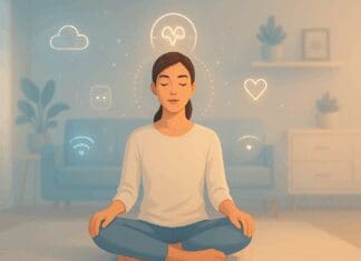 Discover the Powerful Science Behind the 3 Minute Mindfulness App for Daily Mental Clarity Person meditating calmly in a tech-inspired living room with floating wellness icons, visualizing benefits of a 3 minute mindfulness app