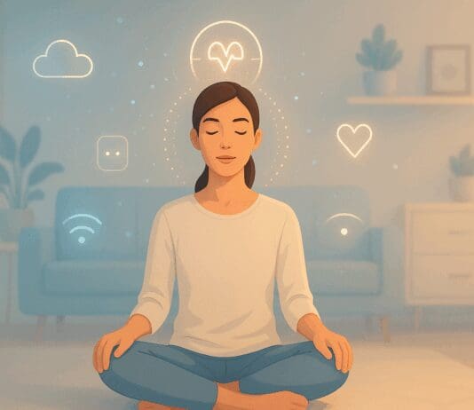 Discover the Powerful Science Behind the 3 Minute Mindfulness App for Daily Mental Clarity Person meditating calmly in a tech-inspired living room with floating wellness icons, visualizing benefits of a 3 minute mindfulness app