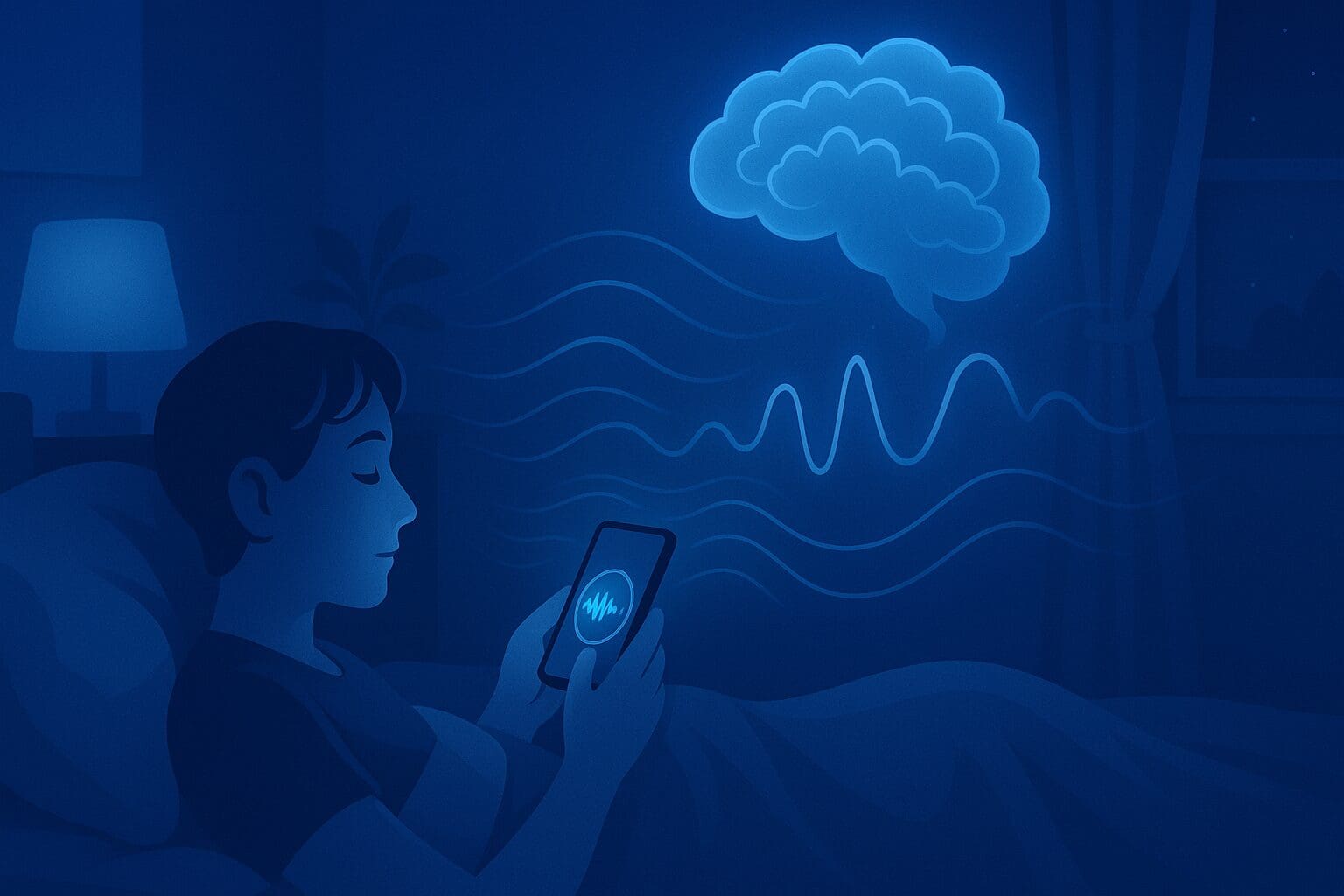 Person in bed at night using the 3 minute mindfulness app with calming blue light, brainwave patterns, and a dreamy sleep atmosphere