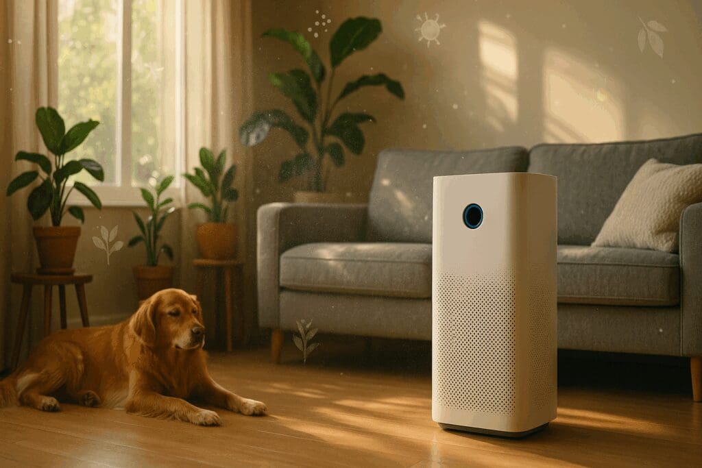 Sleek air purifier with auto mode filtering dust in a sunlit living room with dog, houseplants, and visible airborne particles