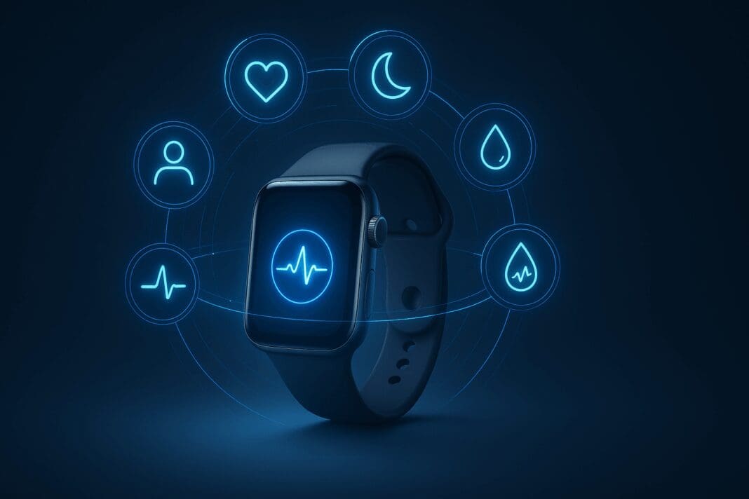 Futuristic smartwatch and health interface displaying biometric icons for heart rate, sleep, oxygen, stress, glucose, and AI tracking.