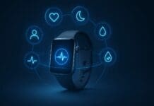 Futuristic smartwatch and health interface displaying biometric icons for heart rate, sleep, oxygen, stress, glucose, and AI tracking.