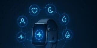The Ultimate Guide to Smartwatch and Health Features That Are Changing Personal Wellness Futuristic smartwatch and health interface displaying biometric icons for heart rate, sleep, oxygen, stress, glucose, and AI tracking.