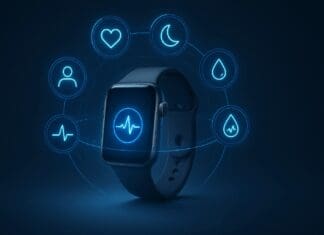 The Ultimate Guide to Smartwatch and Health Features That Are Changing Personal Wellness Futuristic smartwatch and health interface displaying biometric icons for heart rate, sleep, oxygen, stress, glucose, and AI tracking.