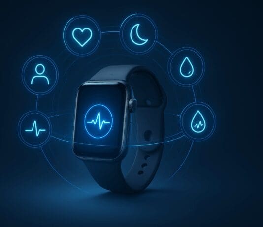 Futuristic smartwatch and health interface displaying biometric icons for heart rate, sleep, oxygen, stress, glucose, and AI tracking.