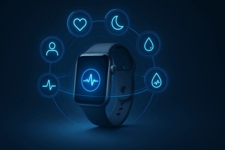 Futuristic smartwatch and health interface displaying biometric icons for heart rate, sleep, oxygen, stress, glucose, and AI tracking.