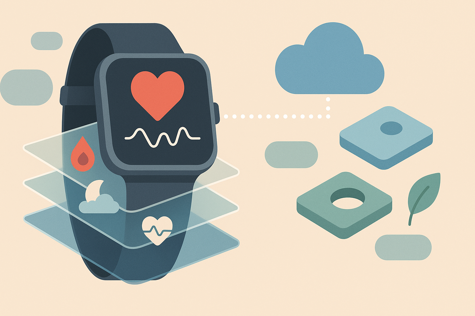 Illustration of a smartwatch and health monitoring features including heart rate, sleep, and SpO2, with cloud and eco-friendly icons.