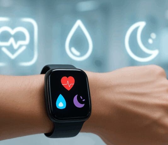 Futuristic 3 plus smart watch on wrist displaying glowing icons for heart rate, oxygen level, and sleep data in a high-tech setting