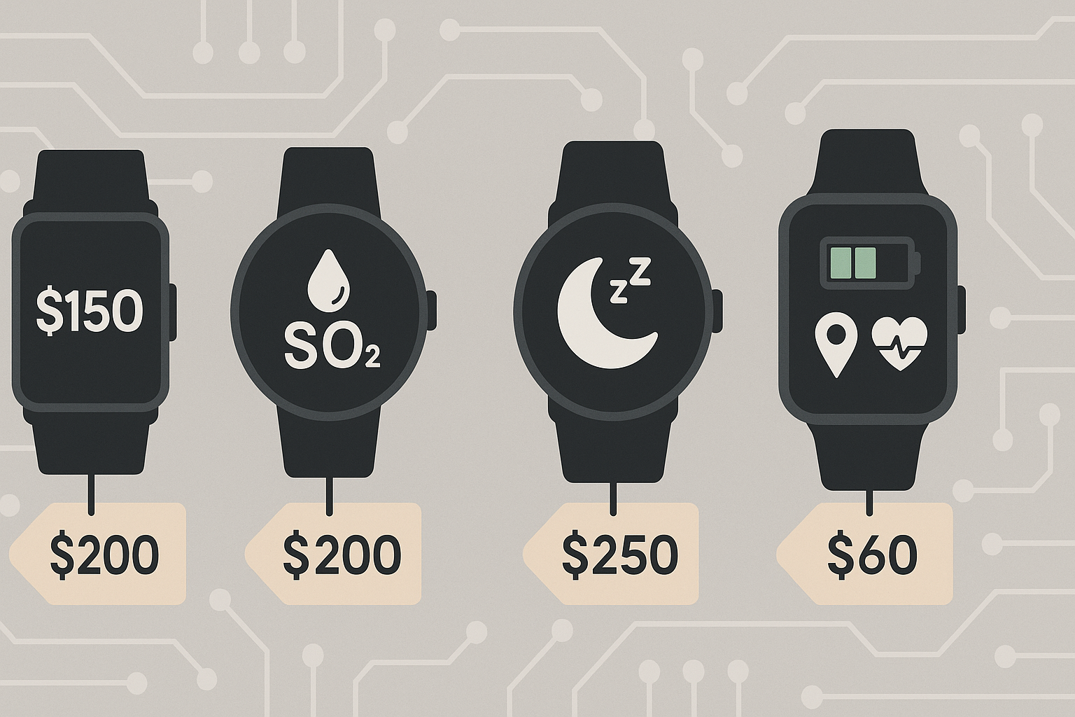 Comparison of four smartwatch silhouettes on a tech background highlighting price and features, showcasing 3 plus smart watch as the most affordable with rich functionality.